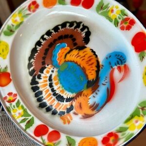 Retro Enameled Metal Colorful Turkey Design Platter for Summer or Holiday
